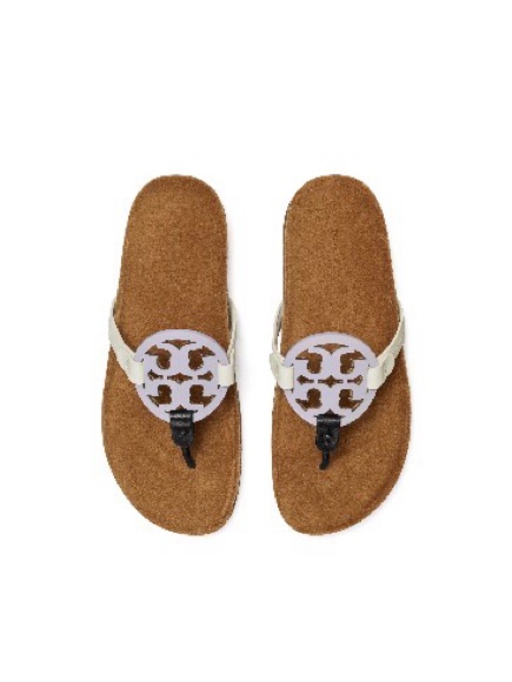 Tory Burch Miller Cloud Lavender Ivory Black Sandals w/ Tan Suede Footbed - Picture 7 of 7